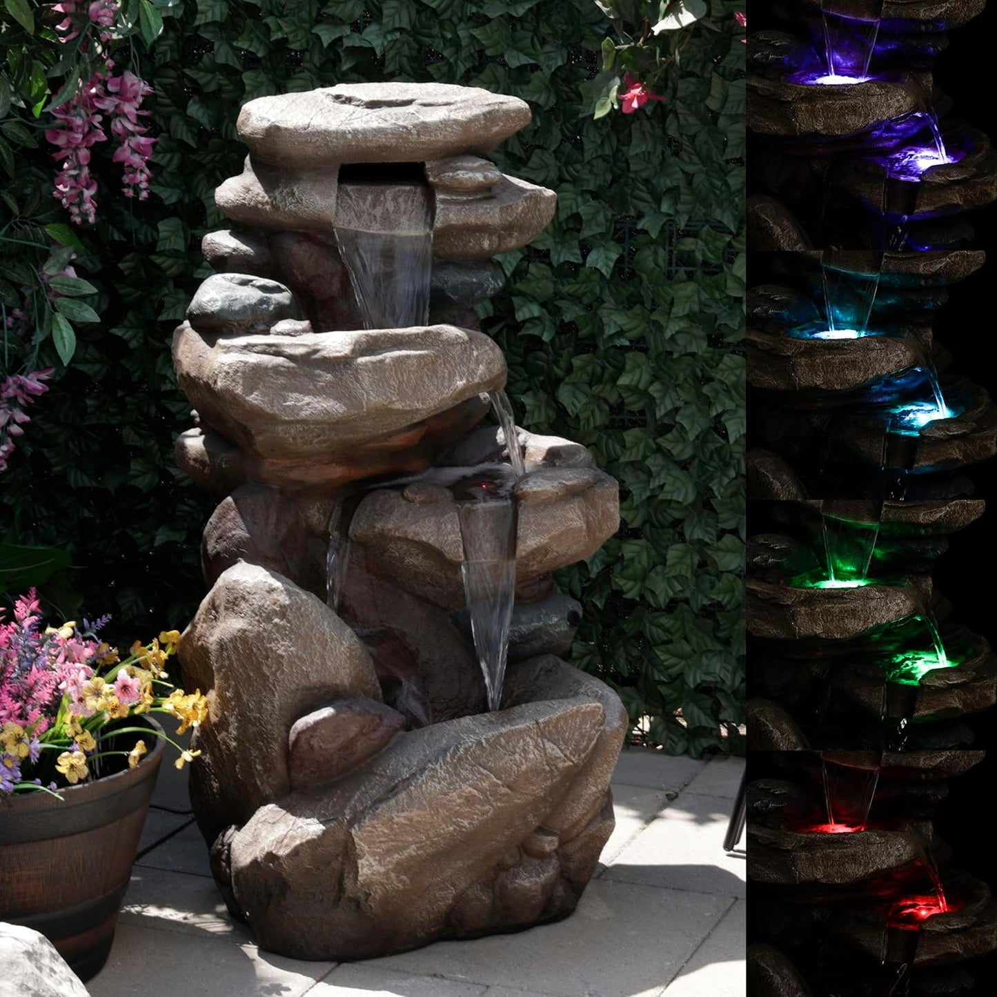Alpine Corporation WIN315 40" Floor Fountain – Tiered Brown Rock Water Feature with Color-Changing LED & Remote – Cascading Streams for a Tranquil Garden, Patio, Yard, Deck, or Porch, Light Brown