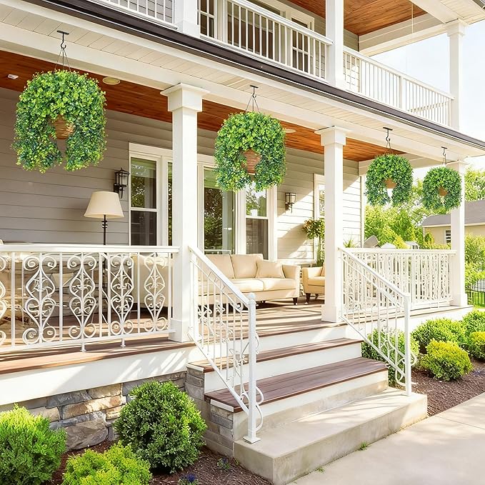 Faux Outdoor Plants Fake Hanging Plants for Outdoors Outside Decorations, 2 Pcs Green Faux Eucalyptus Stems Realistic UV Resistant Artificial Greenery for Planters Porch Garden Yard Front Door Patio