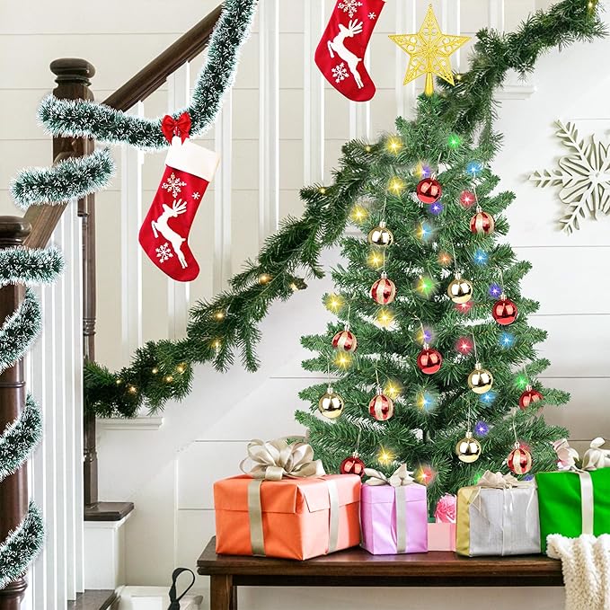 3 Feet Green Premium Christmas Tree 12 Modes Dual Color Change Timer DIY 50 Warm White & Multicolor Lights Star 15 Ball Ornaments Battery Operated Small Artificial Full Xmas Tree Table Home Indoor