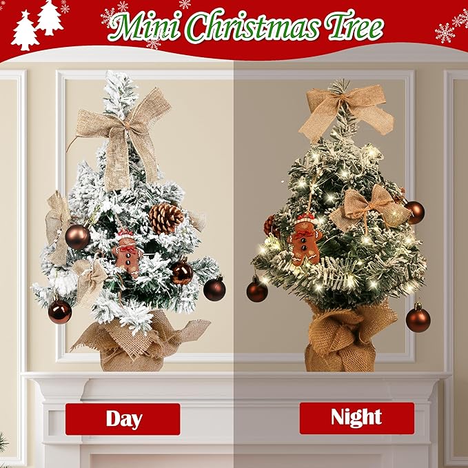 Sunnyglade Mini Christmas Tree, 24 Inch/2 FT Lighted Tabletop Artificial Xmas Tree with Music Box, Gingerbread Man Tag and Decor Ball, DIY Small Tree with LED for Holiday Home Party Decor