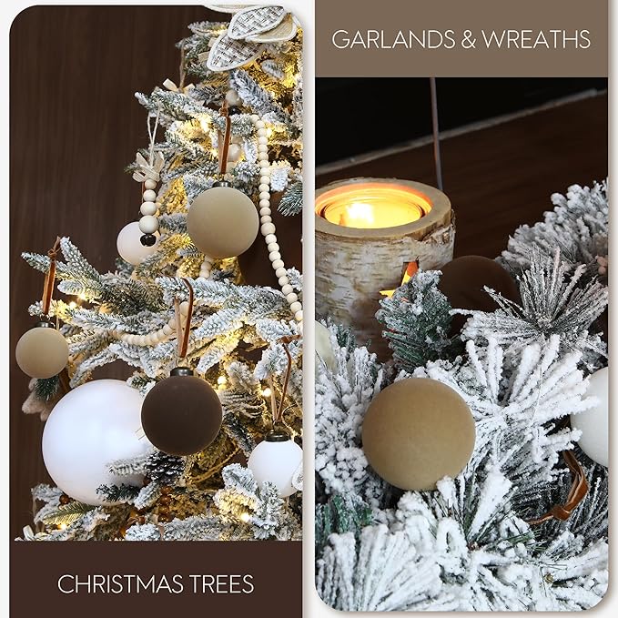 Sea Team 25-Pack Flocked Velvet Christmas Tree Ball Ornaments Set, Hanging Velour Baubles, Shatterproof Plastic Decorations for Xmas Tree, Wreath, Garland, 60mm/2.36 Inches, Beige