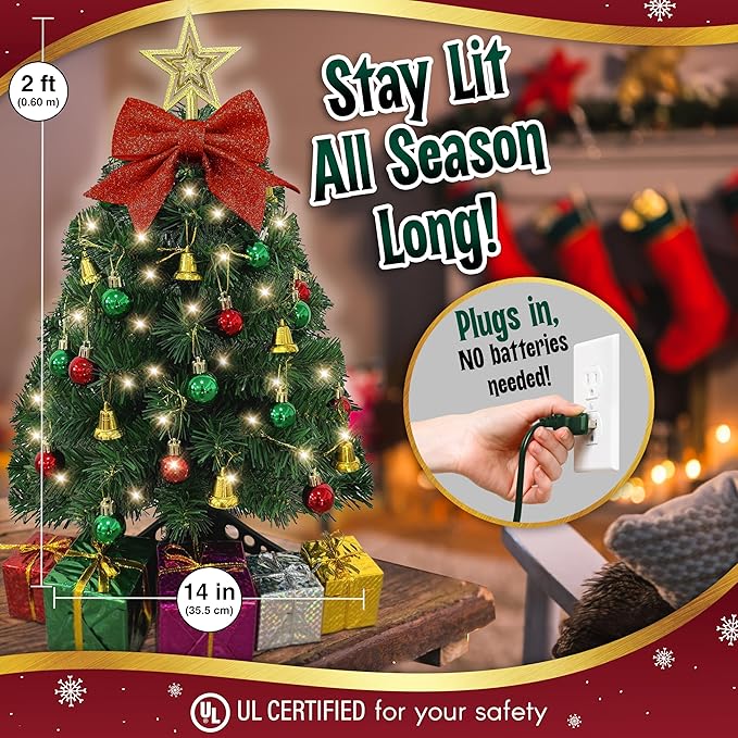 Small Christmas Tree with Lights - 23 Inch Mini Tabletop Christmas Tree with Warm-White LED Lights, Hanging Ornaments, Decorative Bow and Gift Boxes - Prelit Table Tree for DIY Christmas Decoration
