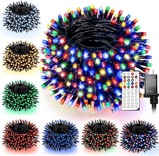 RGB Christmas Lights Outdoor, 98.4FT 300 LED Color Changing String Lights with Remote & Timer, Music Sync Multiple Modes Waterproof Christmas Tree Light for Home Party Holiday Xmas Decoration