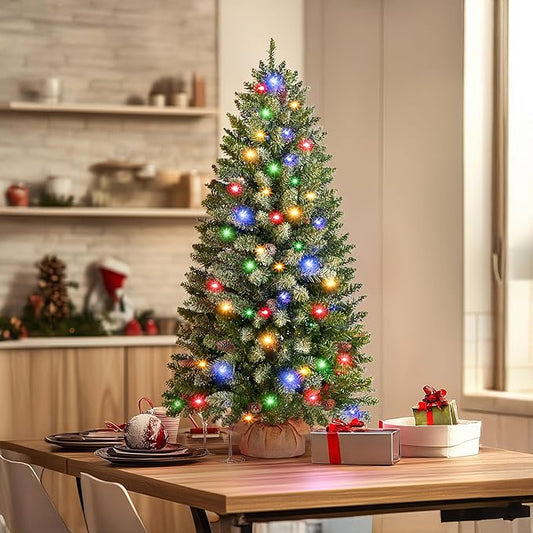 3FT Mini Christmas Tree,Tabletop Christmas Tree with Cloth Bag Base and Colorful LED Light, Snow Flocked Artificial Tree Christmas Decorative for Outdoor & Indoor 21.65"D x 21.65"W x 36"H