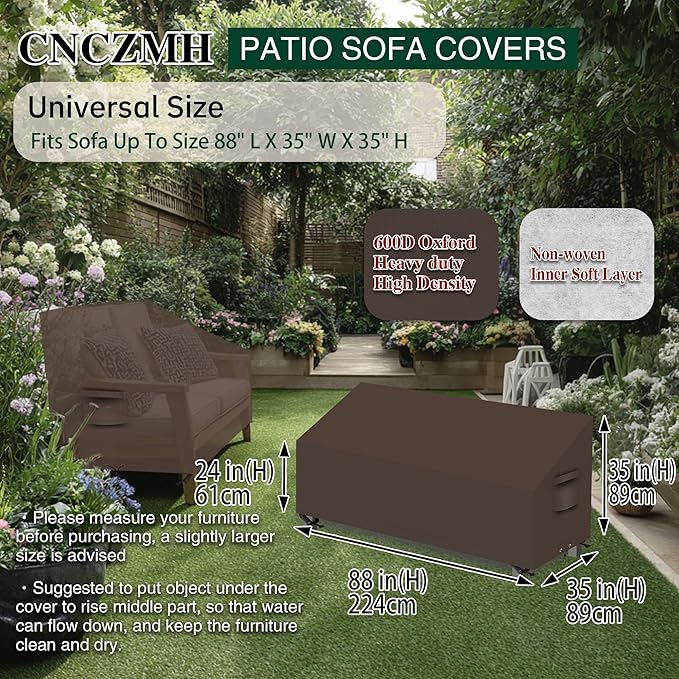 Heavy Duty Patio Sofa Covers Waterproof, Outdoor 3-Seater Couch Cover Waterproof, 600D Outdoor 2-Seater Loveseat Furniture Covers with Air Vent Handle 88''W x 35''D x 24''H/ 35''H Brown