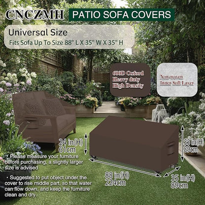 Heavy Duty Patio Sofa Covers Waterproof, Outdoor 3-Seater Couch Cover Waterproof, 600D Outdoor 2-Seater Loveseat Furniture Covers with Air Vent Handle 88''W x 35''D x 24''H/ 35''H Brown