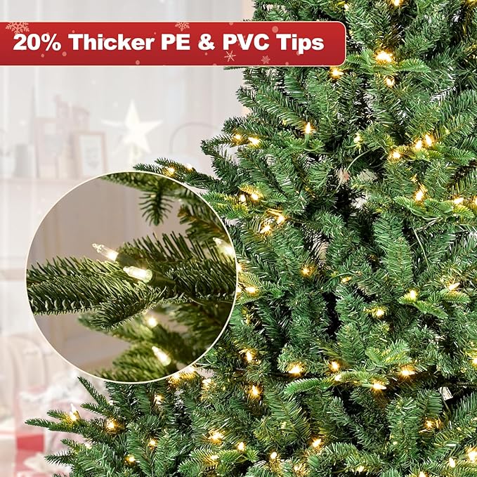 7.5 ft Christmas tree Prelit,Artificial Christmas Tree with Lights &Mixed 2456 PE PVC Flame-retardant Tips,Premium Realistic Lighted Up Spruce Led Christmas Tree for Office Home Decor with Auto Hinged