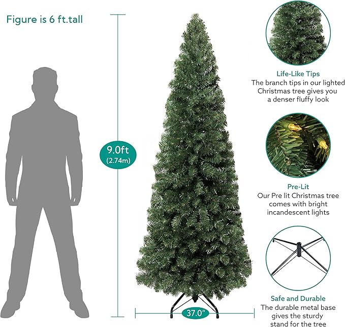 Vienna 9ft Prelit Slim Artificial Christmas Tree with 1455 Branch Tips, 500 Warm Lights and Metal Stand, 37" Wide Realistic Skinny Pencil Christmas Tree with Lights by Naomi Home