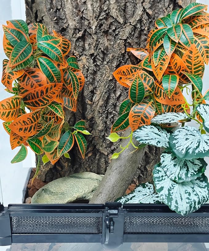 Woyrise Reptile Plants, Terrarium Hanging Plant Vines, Artificial Leaves with Suction Cup, Bearded Dragon Tank Accessories for Gecko Lizard Snake Frog Tortoise Decorations - Codiaeum Variegatum
