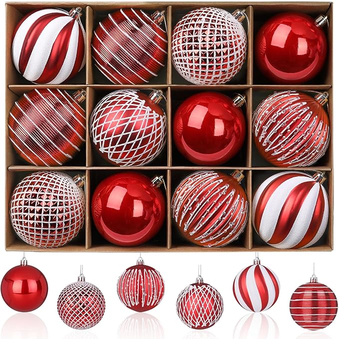 SHareconn 80mm Christmas Balls Ornaments,12PCS Colored Shatterproof Plastic Decorative Hanging Tree Decorations Baubles Set for Xmas Tree Decor Holiday Party Wedding Decoration with Lanyard, Red&White