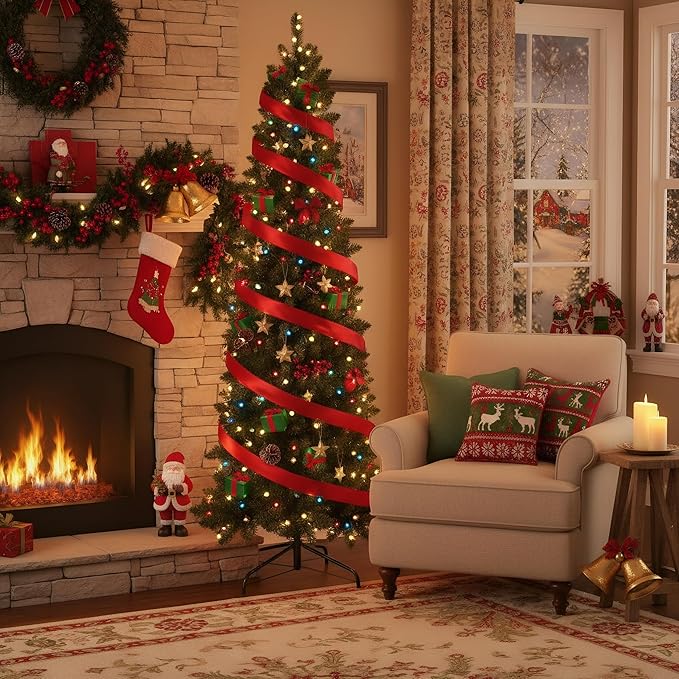 Himimi Pre-lit Christmas Artificial Tree Slim Pencil Tree Space Saving, 6ft Skinny Christmas Trees with Multi Colored Lights, Foldable Metal Stand