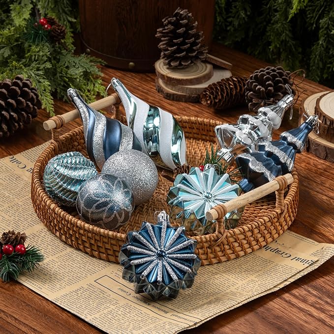 108 Pcs Christmas Ball Ornaments Set, Blue and Silver Shatterproof Hand-Painted Hanging Bulbs Bulk, Decoration for Xmas Tree, Wreath, Garland, Home Holiday Decor