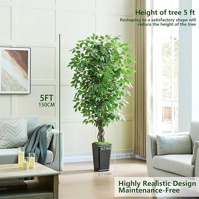 Artificial Ficus Tree 5FT Faux Plants Indoor Tall Fake Plants with Black Square Planter, Green Lifelike Lush Fake Ficus Tree for Home Living Room Bedroom Outdoor Balcony House Office Decor