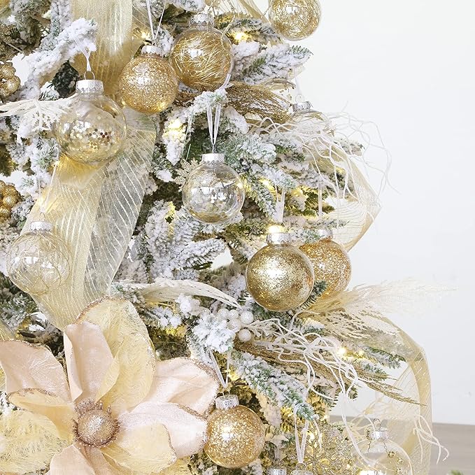 Sea Team Multi-Size Shatterproof Clear Plastic Christmas Tree Ball Ornaments Set, Decorative Hanging Transparent Xmas Baubles with Stuffed Delicate Decorations (48 Counts, Gold)