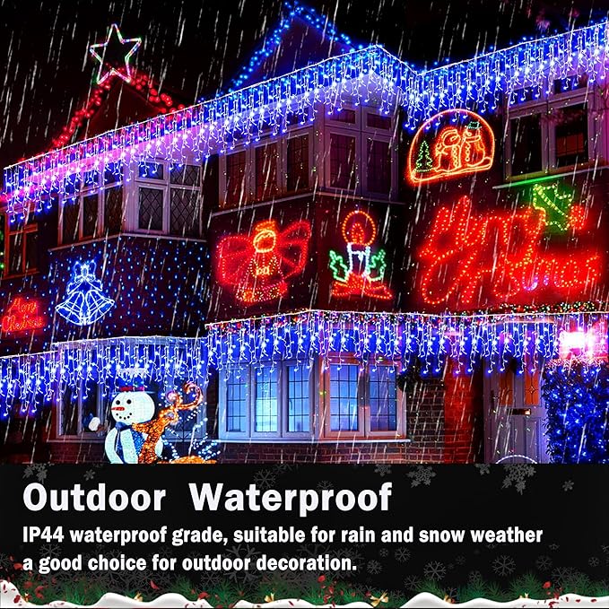 KNONEW Christmas Lights Outdoor Decorations 400 LED 33ft 8 Modes Curtain String Light with 75 Drops, Clear Wire LED Fairy Light Indoor Decor for Wedding Party Christmas Decorations(Blue)