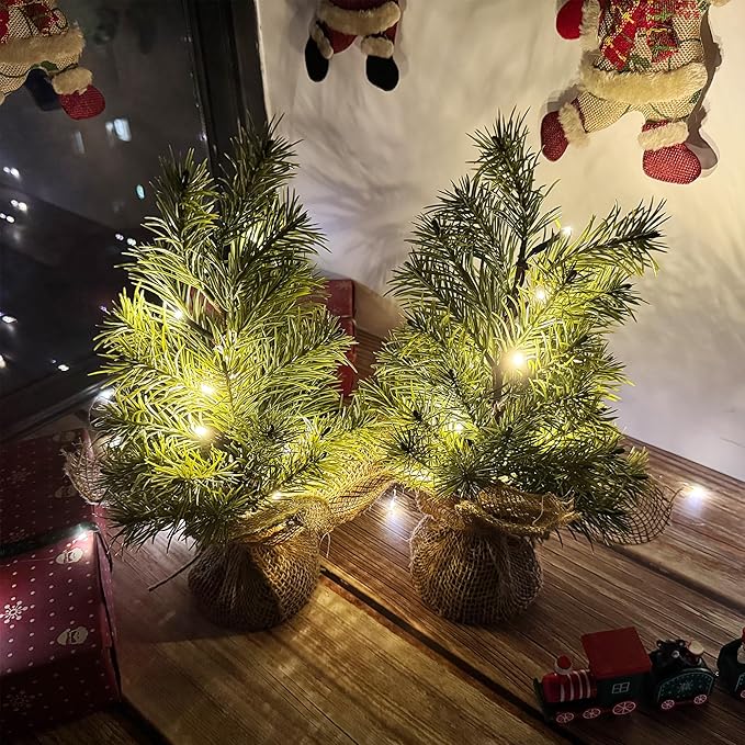 Set of 2 Mini Christmas Tree, 12 in Pre-lit Tabletop Xmas Decorations with 8 Warm LED Lights, Battery Operated with Timer, Burlap Base Artificial Pine Tree for Indoor Desk Office Dorm