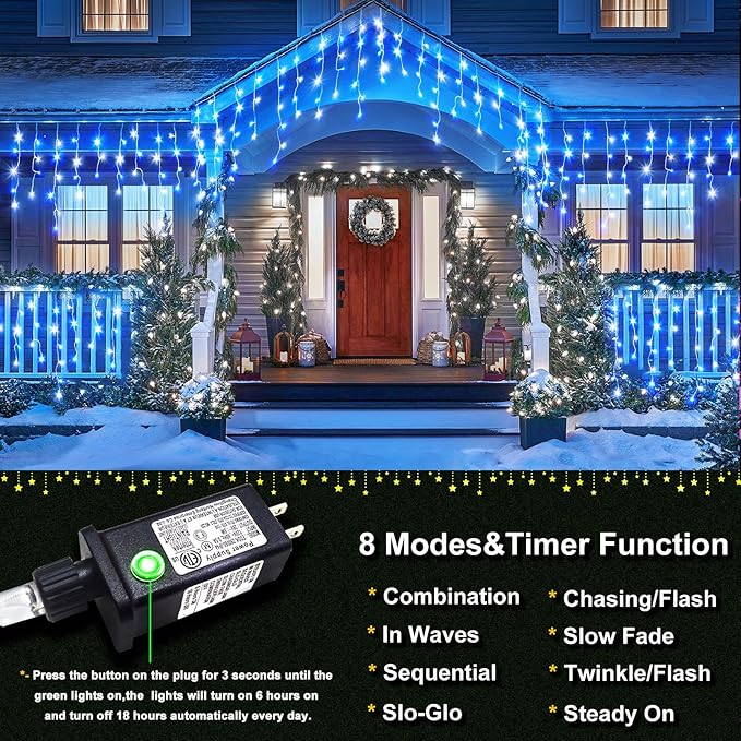 Icicle Christmas Lights Outdoor, 33ft 400 LED Blue and White Christmas Lights 8 Modes with 75 Drops, Waterproof Icicle Light Plug in for Indoor Outside Party Holiday Xmas Halloween Decorations
