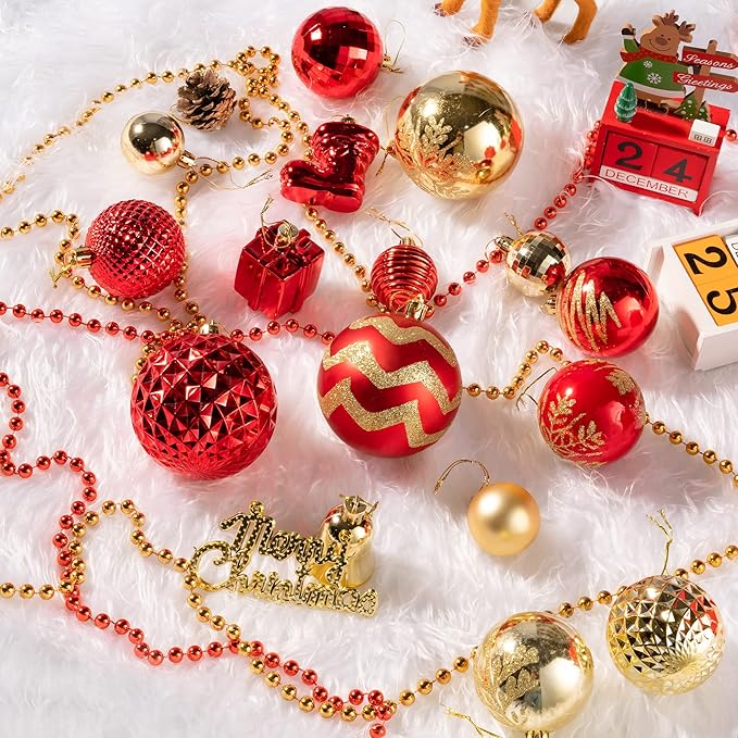116Pcs Red and Gold Christmas Ball Ornaments, Shatterproof Christmas Hanging Decoration Set with Gift Box, Assorted Decorative Baubles Set for Xmas Tree/Home/Wedding/Party/Holiday (Gold & Red)