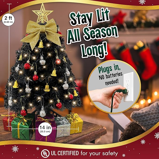 Small Black Christmas Tree with Lights - 23 Inch Mini Tabletop Christmas Tree with Warm-White LED Lights, Hanging Ornaments, Decorative Bow and Gift Boxes - Table Tree for DIY Christmas Decoration