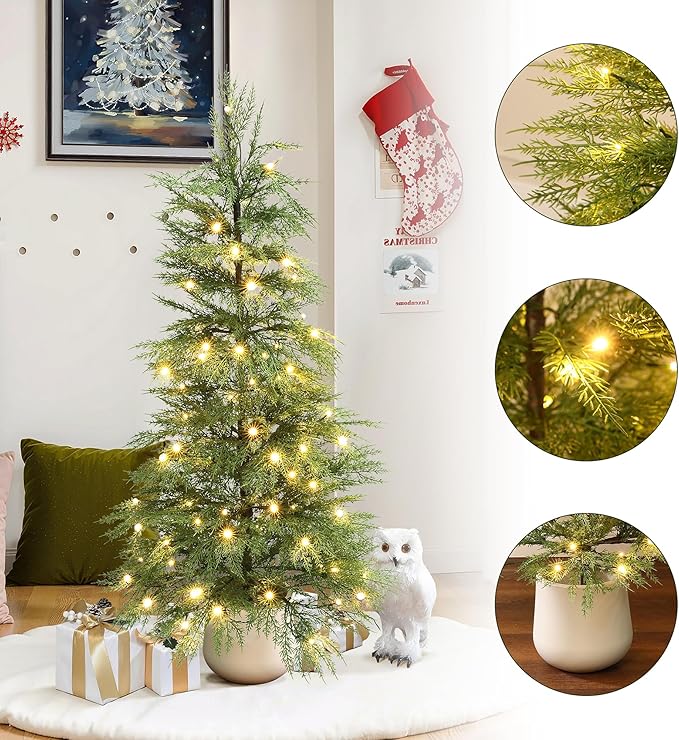 LuxenHome 4.5FT Small Christmas Tree, Potted Slim Artificial Christmas Trees with 100 Warm White LED Lights, Realistic Cedar Prelit Xmas Trees with White Planter Pot for Holiday Display