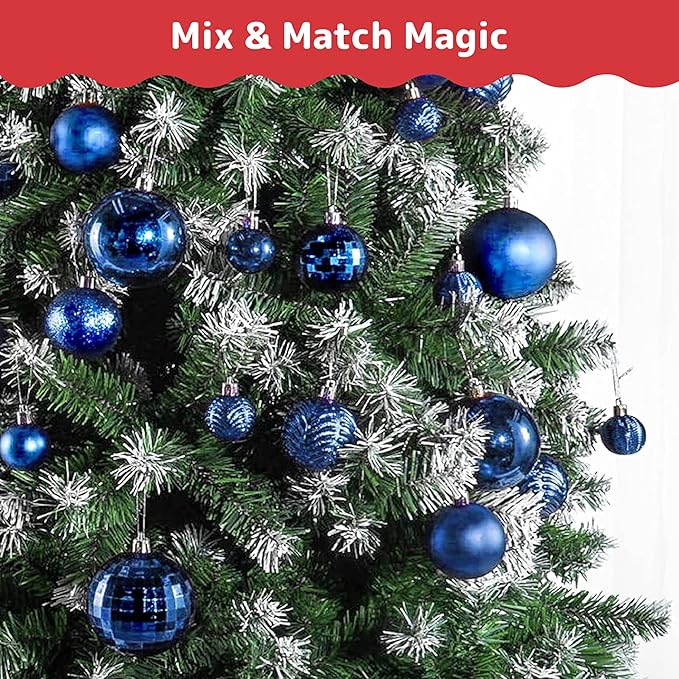 PREXTEX 36 Piece Blue Christmas Ornaments Set with Hanging Loops - Durable, Shatterproof Christmas Balls in 3 Sizes and 6 Styles - Midnight Blue Xmas Decorations for Trees, Wreaths, and Holiday Decor