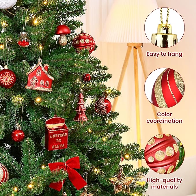 SHareconn 80ct Christmas Balls Ornaments Set, Shatterproof Plastic Colorful Xmas Decorative, Baubles for Tree Decorations with Hanging Strings, Red & Gold