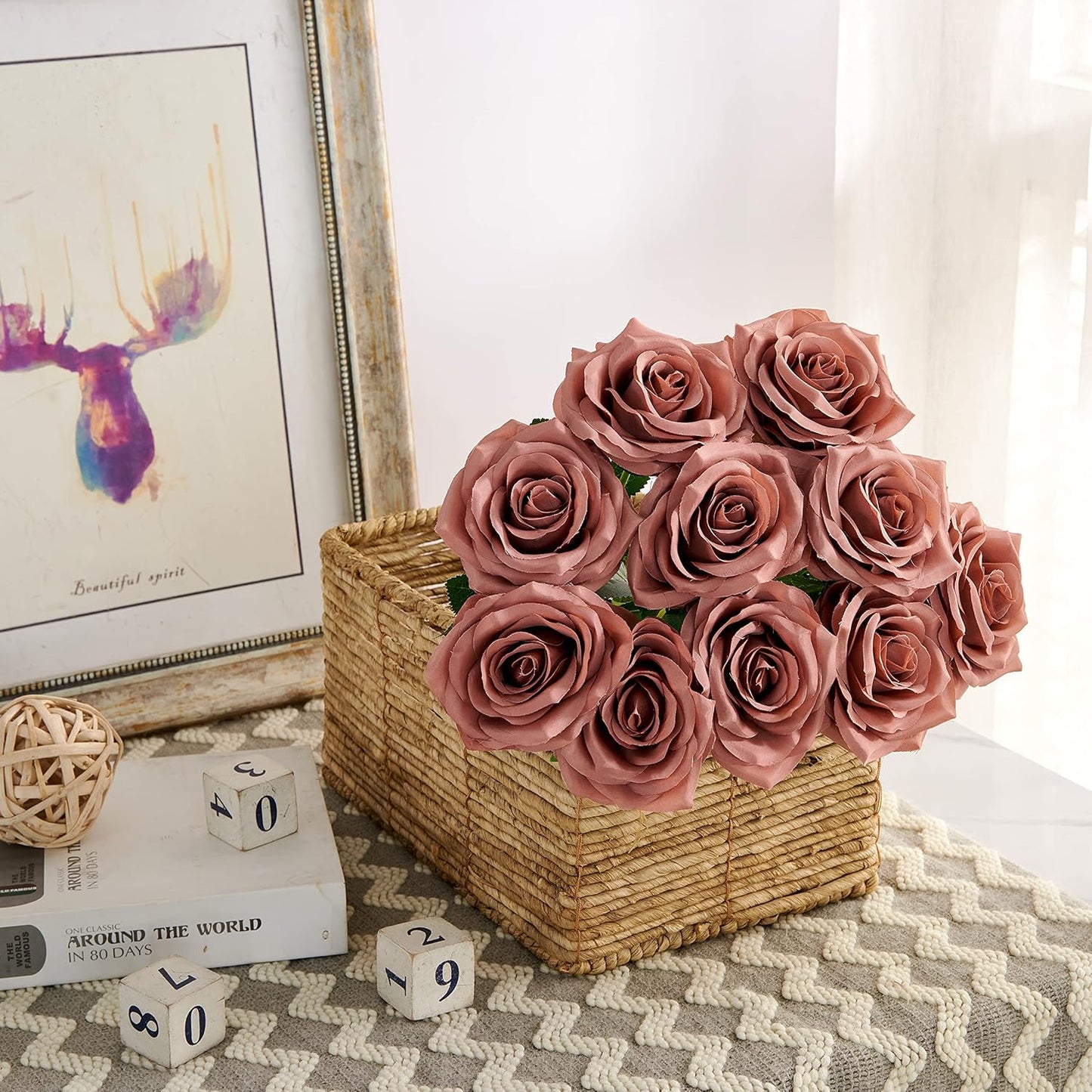 Artificial Rose 10pcs Open Flower Bouquet Faux Rose Stems for Wedding Arrangement, Bridal Bouquet, Centerpiece, Fake Faux Silk Flowers (Dusty Rose)