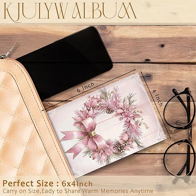 Pink Christmas Photo Albums 4x6 inch Hold 36 Pictures, Coquette Bow Xmas Wreath Winter Holiday Small Memory Photo Album Book for Baby Family Graduation Wedding Travel Vacation