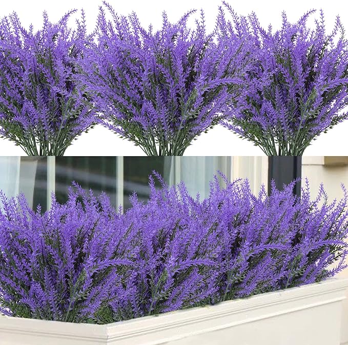 Ouddy Decor 12 Bundles Artificial Lavender Fake Flowers Faux Plastic Plants for Home Wedding Kitchen Garden Patio Window Box Office Table Centerpieces Indoor Outdoor Decor, Purple