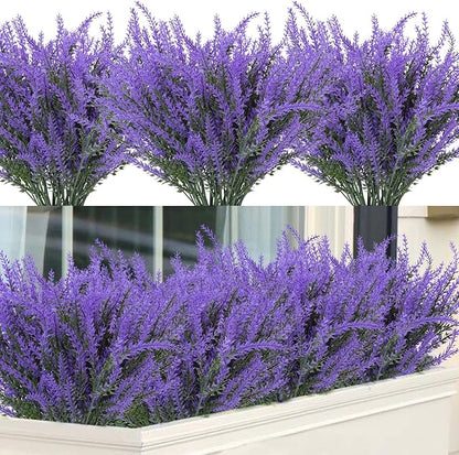Ouddy Decor 12 Bundles Artificial Lavender Fake Flowers Faux Plastic Plants for Home Wedding Kitchen Garden Patio Window Box Office Table Centerpieces Indoor Outdoor Decor, Purple