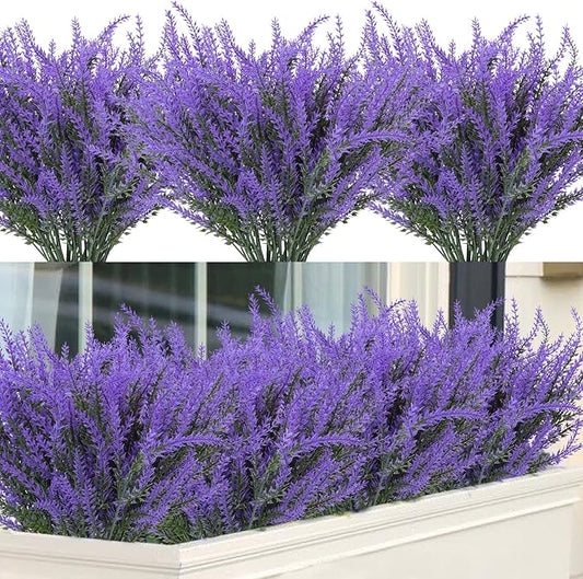 Ouddy Decor 12 Bundles Artificial Lavender Fake Flowers Faux Plastic Plants for Home Wedding Kitchen Garden Patio Window Box Office Table Centerpieces Indoor Outdoor Decor, Purple