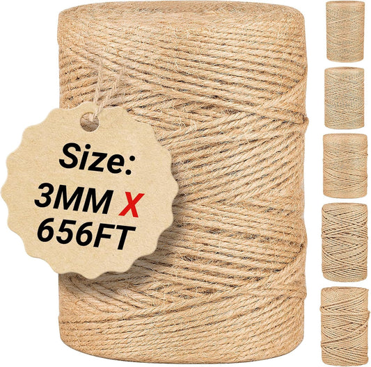 Natural Jute Twine String,Bulk Jute Rope Cord Twine for Crafting Gardening,Roll of Thick and Thin Twine for Gift Wrapping,Brown Decorative Rope,Ornament Twine for Cat Scratch Post (3mm x 656ft)
