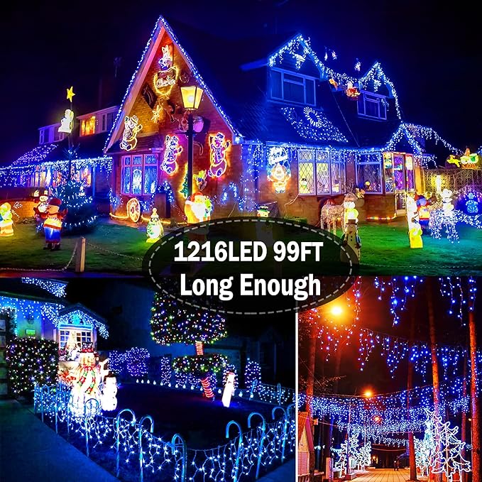 Christmas Lights Outdoor Decorations 1216 LED 99ft 8 Modes Curtain Fairy String Light with 228 Drops, Clear Wire LED String Light Indoor Decor for Wedding Party Holiday Christmas Decoration Blue