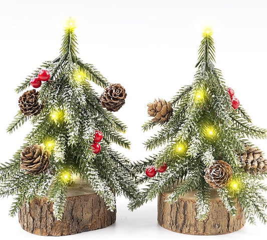 2 Pack Artificial Christmas Tabletop Mini Pine Trees, 6.5 in Tall Lighted Holiday Decorations with Wooden Base, Red Berries, Pine Cones Snowflake for Home Table Windowsill Office Desk Mantel
