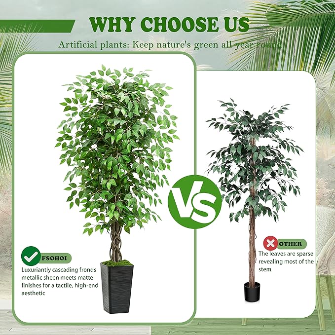Artificial Ficus Tree 5FT Faux Plants Indoor Tall Fake Plants with Black Square Planter, Green Lifelike Lush Fake Ficus Tree for Home Living Room Bedroom Outdoor Balcony House Office Decor