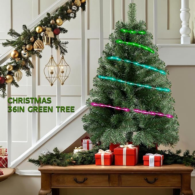 Green 3ft Christmas Tree with Lights, Small 36inch Artificial Tree Mini Table Top Decorations, Xmas Desk Tree with 80 Colored Lights, 200 Branch, Holiday Decor for Home,Indoor Office Tabletop