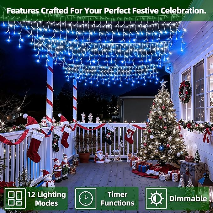 504 LED Christmas Lights with 112 Drops, 50ft 12 Modes Blue and White Fairy String Lights with Timer Dimmable, Waterproof Twinkle Lights for Indoor Outdoor Holiday Wedding Party Eaves Yard Yard Decor