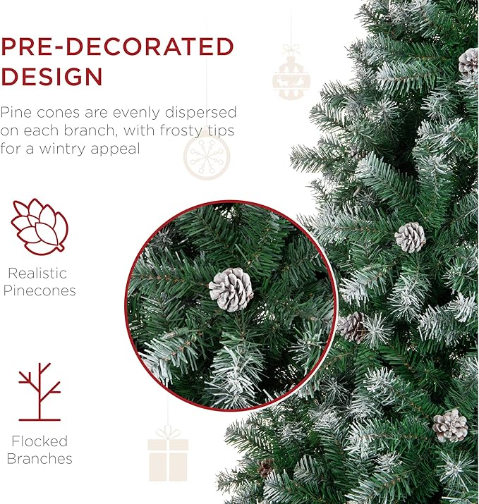 Best Choice Products 6ft Pre-Decorated Holiday Christmas Tree for Home, Office, Party Decoration w/ 1,000 PVC Branch Tips, Partially Flocked Design, Pine Cones, Metal Hinges & Base