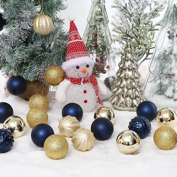45Pcs 6cm/2.36inch Christmas Balls Glitter Ornaments Set, Shatterproof Plastic Xmas Tree Hanging Ornament, Christmas Decorations Balls for Holiday Festival Wedding House Bar Party(Navy/Gold)