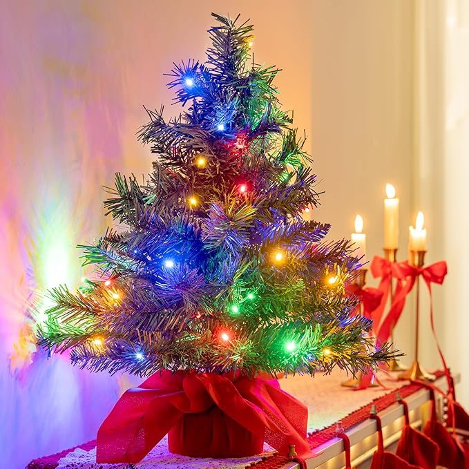 JOIEDOMI 24"/2FT Small Tabletop Christmas Tree with Multi-Color LED Lights, Table Top Christmas Decorations Pre-lit Artificial, Green Mini Lighted Tree for Xmas Decorations Indoor Party Décor