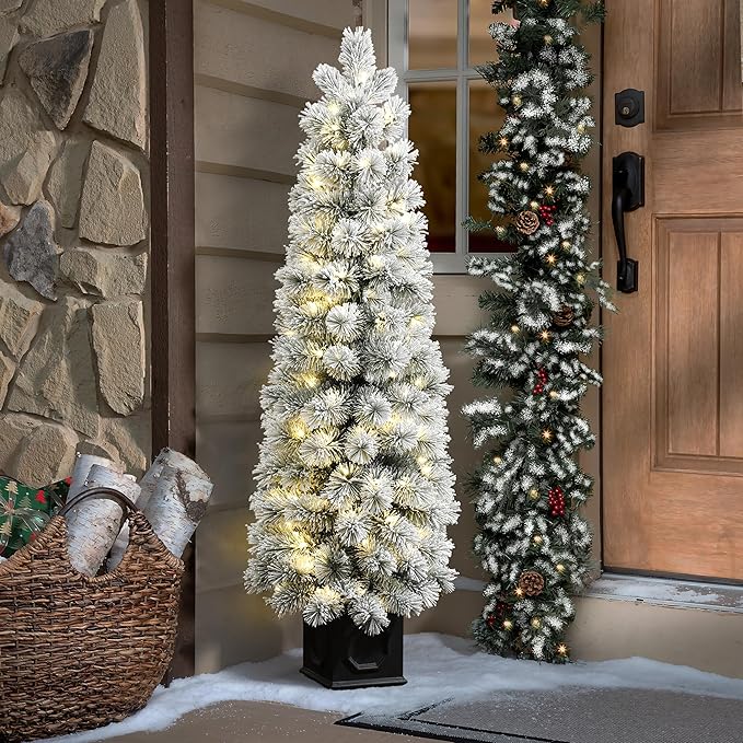 LuxenHome 4.5FT Small Potted Christmas Tree, Flocked Christmas Tree with 100 LED Lights, Prelit Artificial Xmas Trees with Pot, Lighted Pine Tree for Indoor, Outdoor Holiday Display