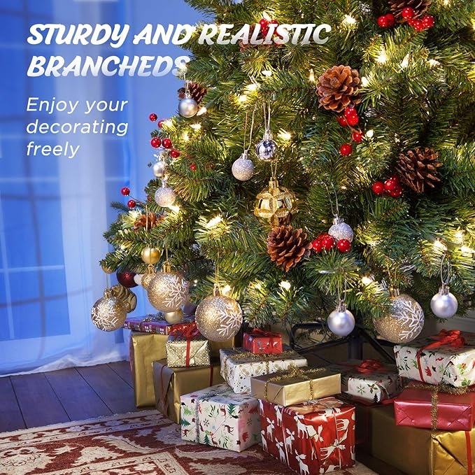 7.5FT Prelit Christmas Tree, Artificial Christmas Tree Pre-Decorated with Pinecones and Berries (600 Clear Warm Lights and Realistic 1520 Thicken Tips, Sturdy Metal Base)