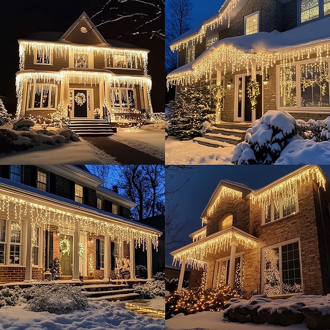 Dazzle Bright Christmas Icicle Lights, 88.5 FT 1080 LED 8 Modes Curtain Fairy Lights with 180 Drops, Xmas String Lights for Outdoor Holiday Wedding Party Decorations (Warm White)