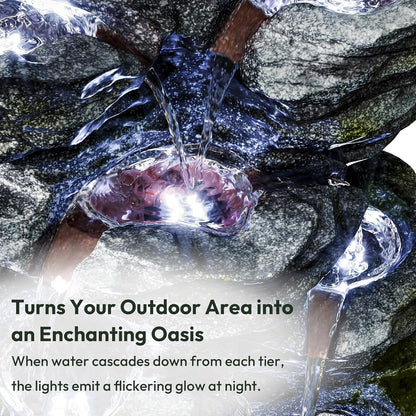 34.3" H Outdoor Water Fountain with LED Lights, 5-Tier Cascading Rock Waterfall for Yard, Garden, Patio, Outdoor Decor Water Features