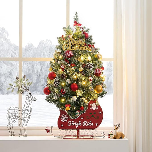 3FT Small Christmas Tree, Artificial Christmas Tree with 78 LED Lights & Bobsleigh Base, Prelit Mini Tree for Christmas Decor, Tabletop Christmas Tree, 8 Modes Remote Control, Timer Battery Operated
