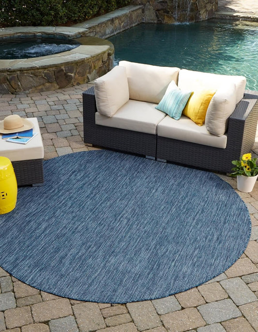 Unique Loom Collection Casual Transitional Solid Heathered Indoor/Outdoor Flatweave Area Rug (8' Round, Blue/Navy Blue)