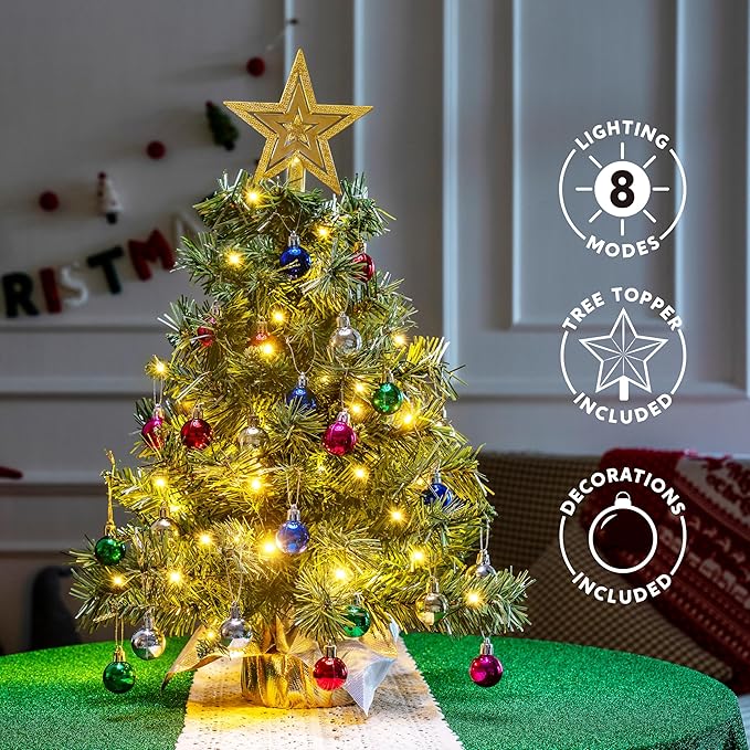 JOIEDOMI 24"/2FT Small Tabletop Christmas Tree with Lights with Star Treetop and Hanging Ornaments, Pre-lit Artificial Christmas Green LED Mini Tabletop Tree for Xmas Decorations Indoor Outdoor