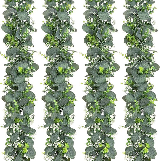 Dolicer 4 Packs 6FT Artificial Eucalyptus Garland, Faux Greenery Garland Fake Vines Hanging Silver Dollar Eucalyptus Leaves for Wedding Backdrop Arch Table Wall Party Home Decor