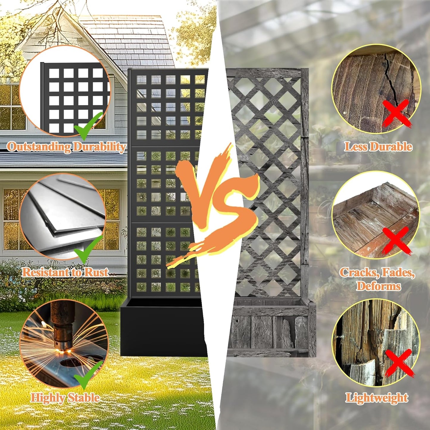 Metal Planter Box with Trellis & Wheels, Raised Garden Bed with Privacy Screen, Outdoor Standing Flower Beds with Drainage Hole for Climbing Plants, Vine, 35" Lx16 Wx71 H