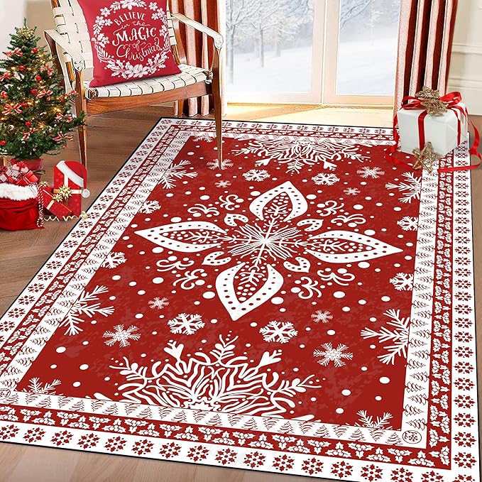 3' X 5' Christmas Rug Snowflake Area Rugs Washable for Indoor Entryway Dorm Laundry Holiday Decor Floor Mat Pad for Girls Kids Women Carpet Doormat